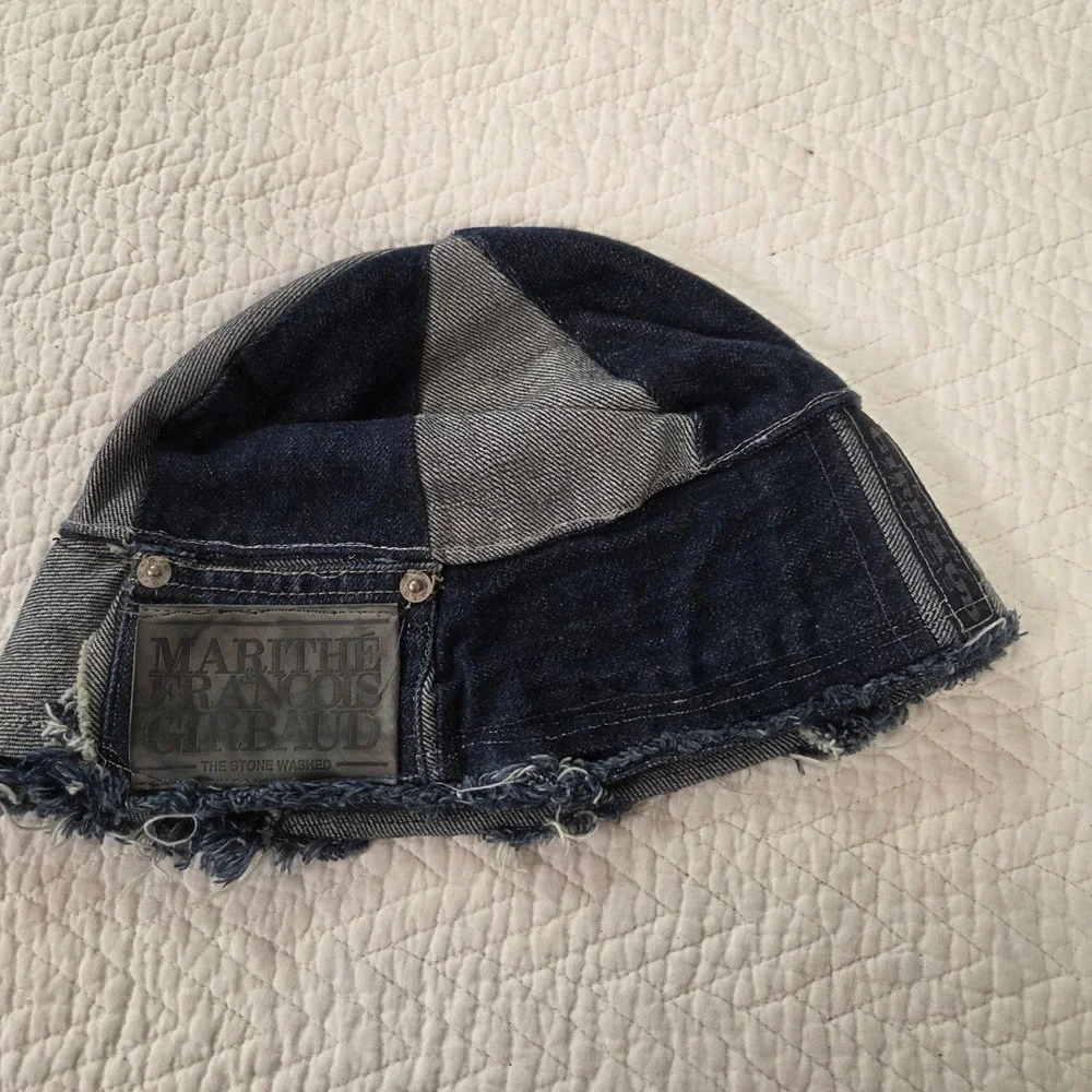 Marithe Francois Girbaud Vintage Denim Patchwork Bucket Hat Blue Frayed Edge